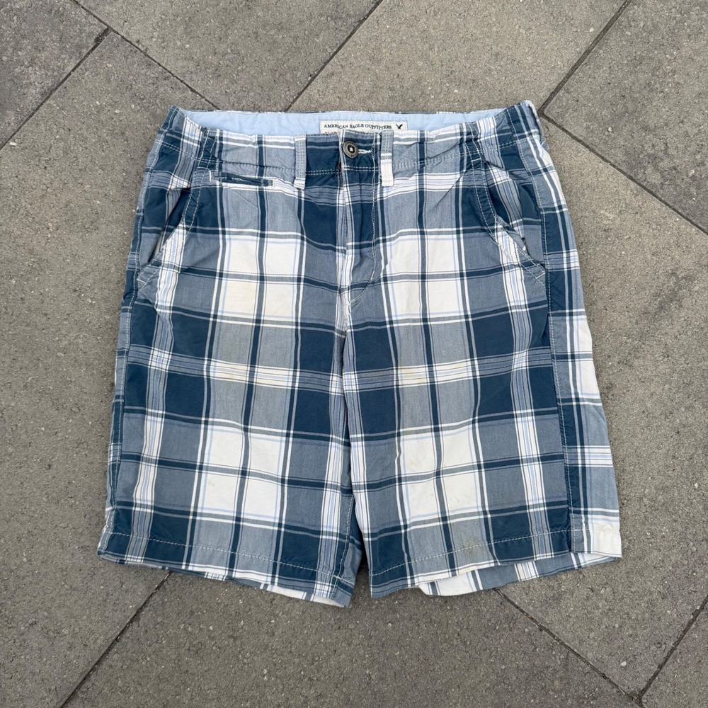 American Eagle Outfitters Mens Blue White Plaid Classic Length Shorts Size 32